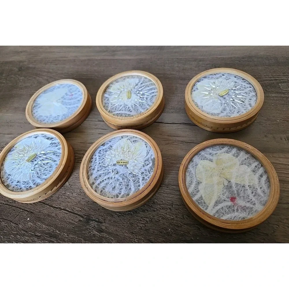 VTG Set Of 6 Bamboo Butterfly Floral Cased Coasters In Caddy Taiwan Matching